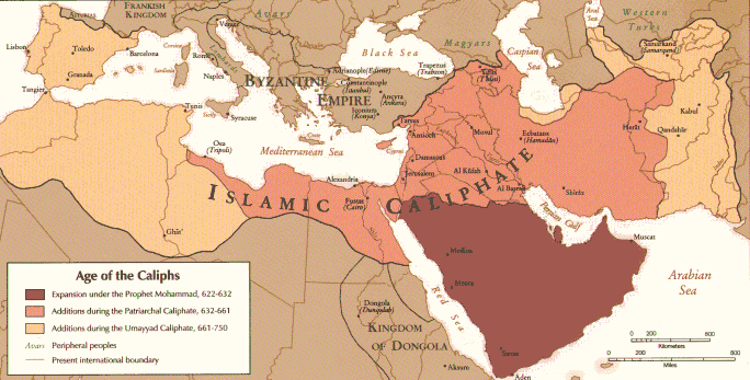 map showing the expansions and territories of different islamic caliphates